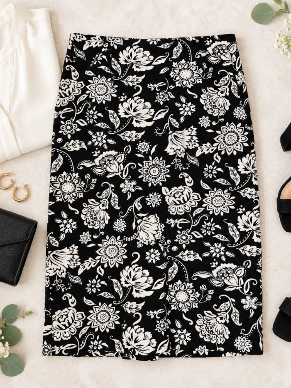 Talbots Black White Floral Print Pencil Skirt Women's Size 14 100% Cotton